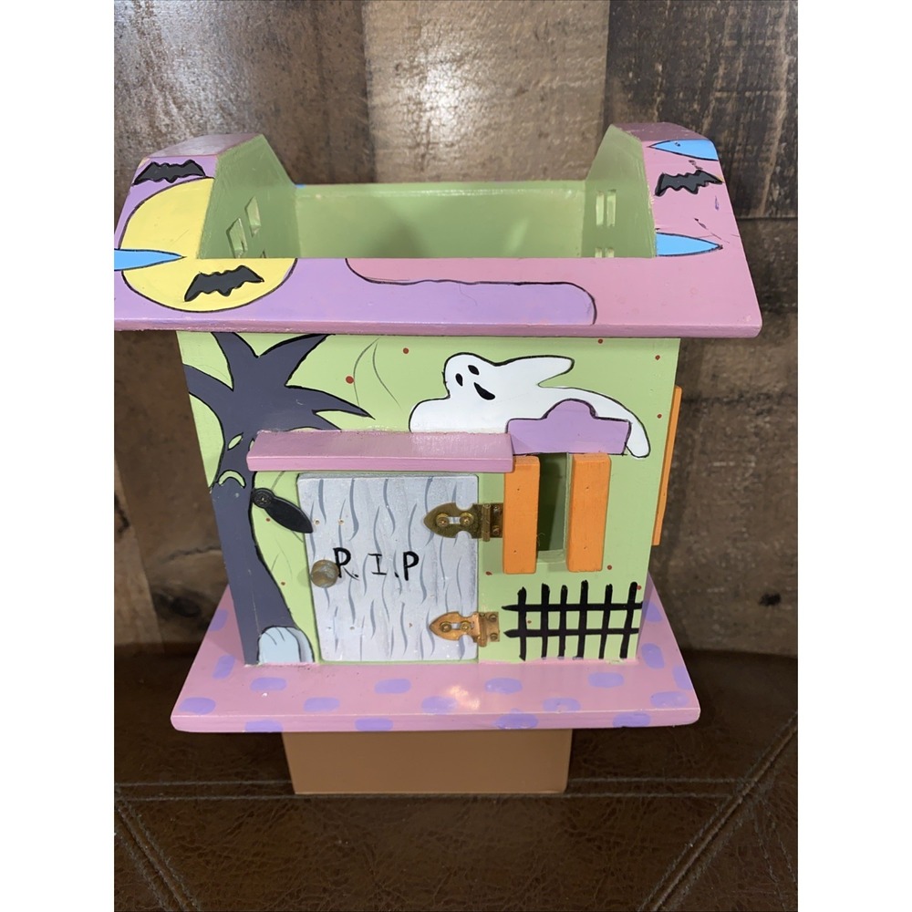 Vtg Ganz Candle Jar Holder Halloween Fall Haunted House Ghosts Cat Bat‎ Pumpkins